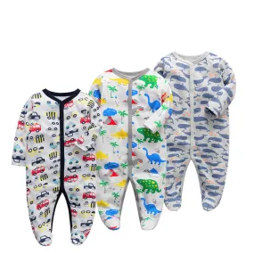 3pk Baby Boy Cotton Long Sleeve 0-12M Footed Onesie