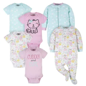 6-Piece Baby Girls Cuddly & Cat Onesies® Brand Bodysuit & Sleep N' Play Set