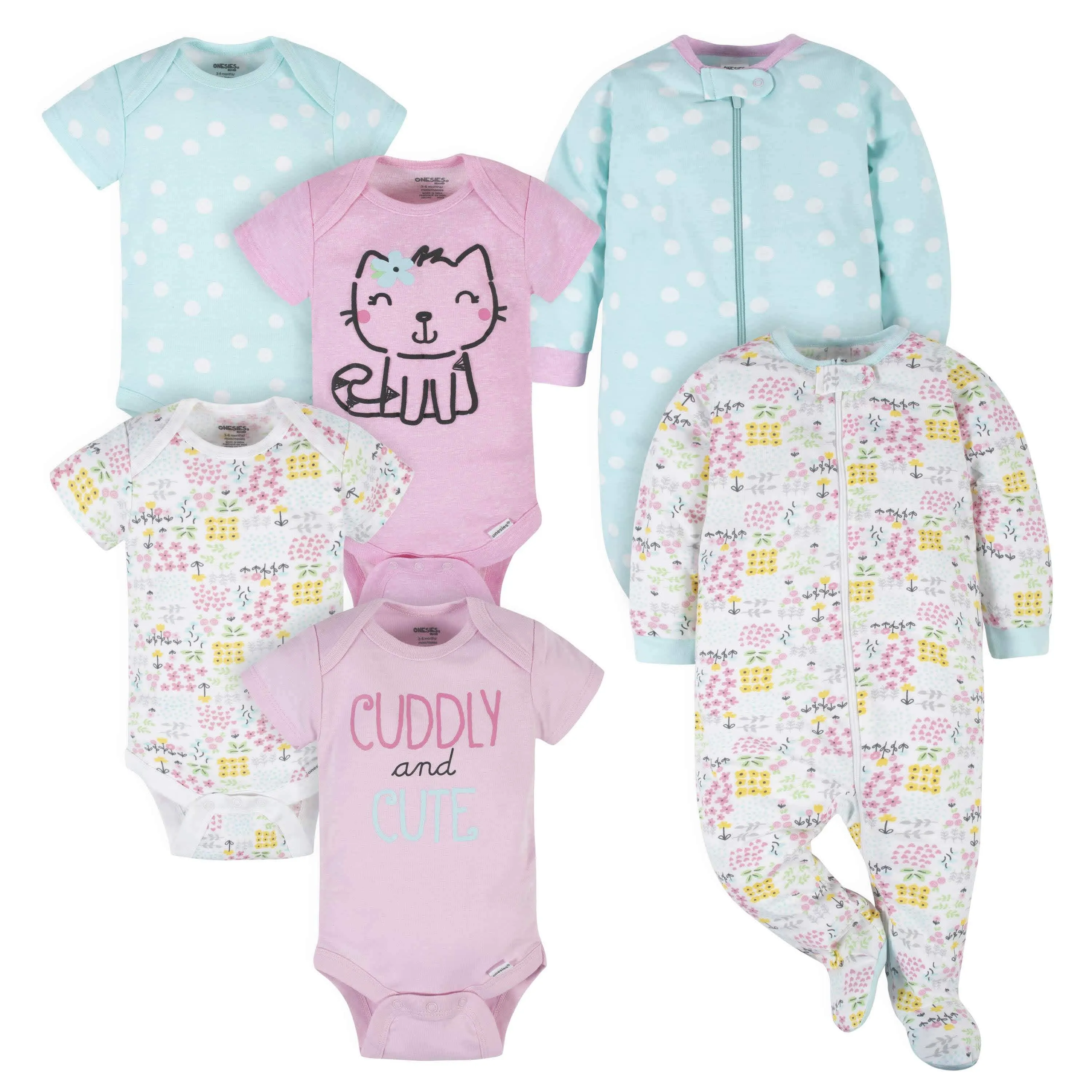 6-Piece Baby Girls Cuddly & Cat Onesies® Brand Bodysuit & Sleep N' Play Set