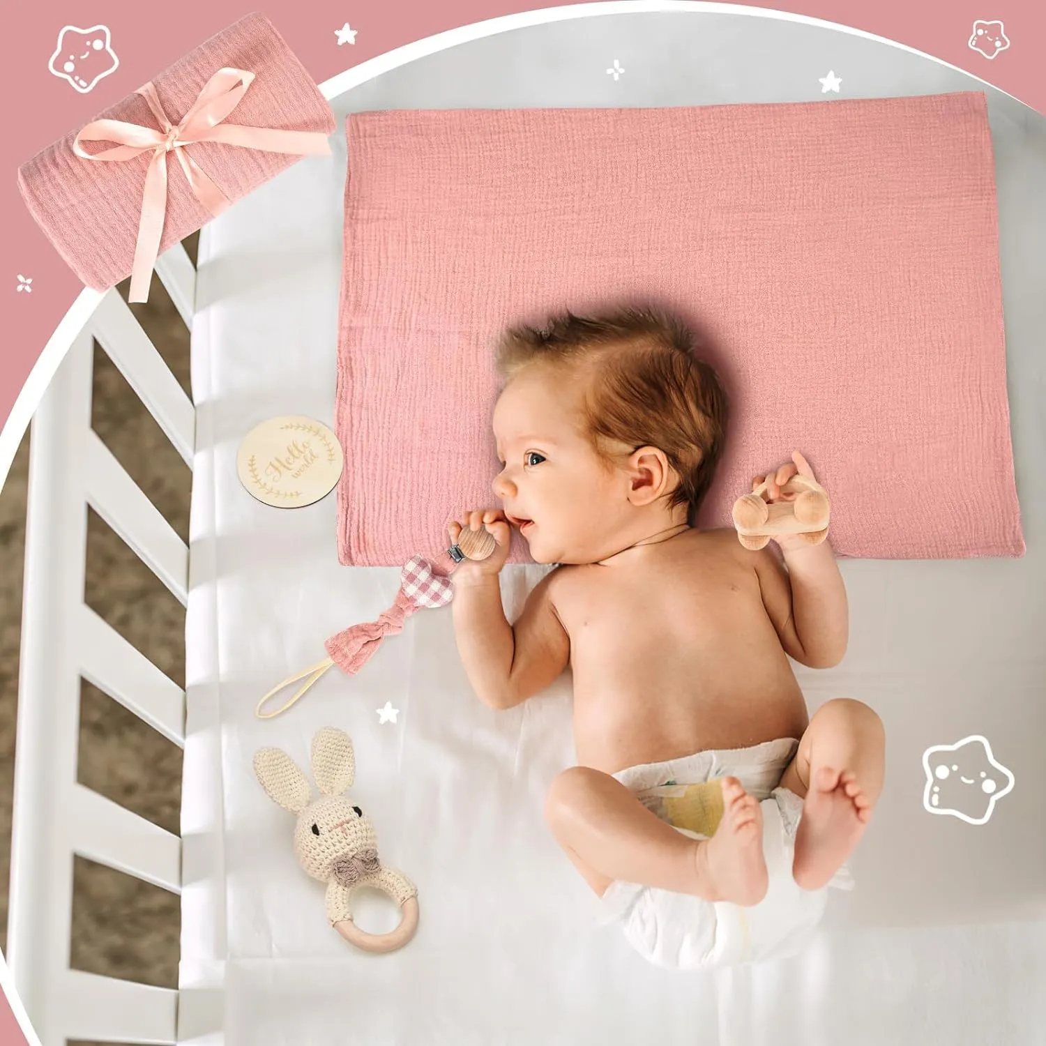 AKSHIRE 8PCS Newborn Baby Gifts Set, Baby Shower Gifts for Newborn Baby Girls and Baby Boys, Newborn Essentials Set with Ultra Soft Muslin Baby Blanket for Gender Reveals, Birthdays, Christmas