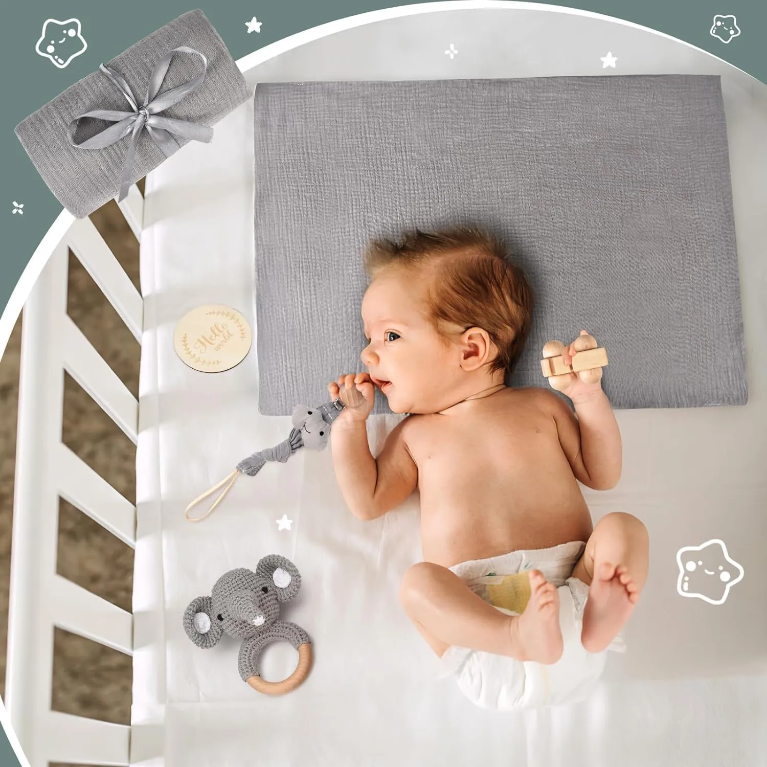 AKSHIRE 8PCS Newborn Baby Gifts Set, Baby Shower Gifts for Newborn Baby Girls and Baby Boys, Newborn Essentials Set with Ultra Soft Muslin Baby Blanket for Gender Reveals, Birthdays, Christmas
