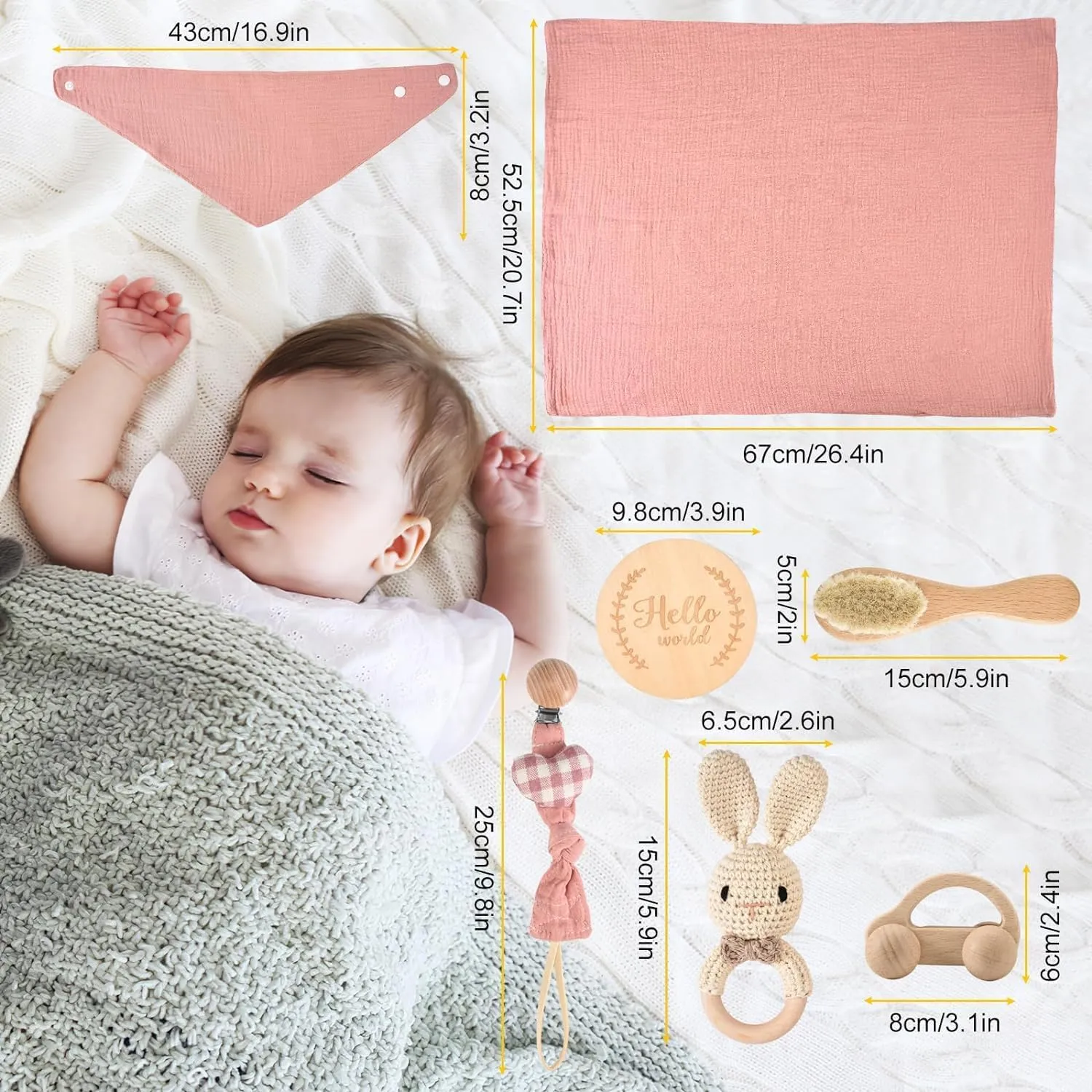 AKSHIRE 8PCS Newborn Baby Gifts Set, Baby Shower Gifts for Newborn Baby Girls and Baby Boys, Newborn Essentials Set with Ultra Soft Muslin Baby Blanket for Gender Reveals, Birthdays, Christmas