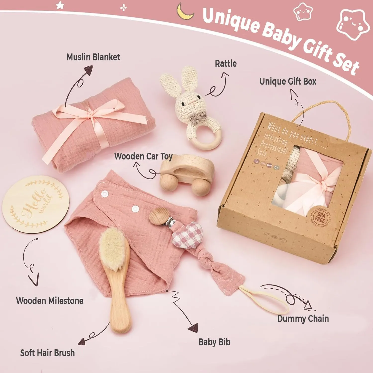 AKSHIRE 8PCS Newborn Baby Gifts Set, Baby Shower Gifts for Newborn Baby Girls and Baby Boys, Newborn Essentials Set with Ultra Soft Muslin Baby Blanket for Gender Reveals, Birthdays, Christmas