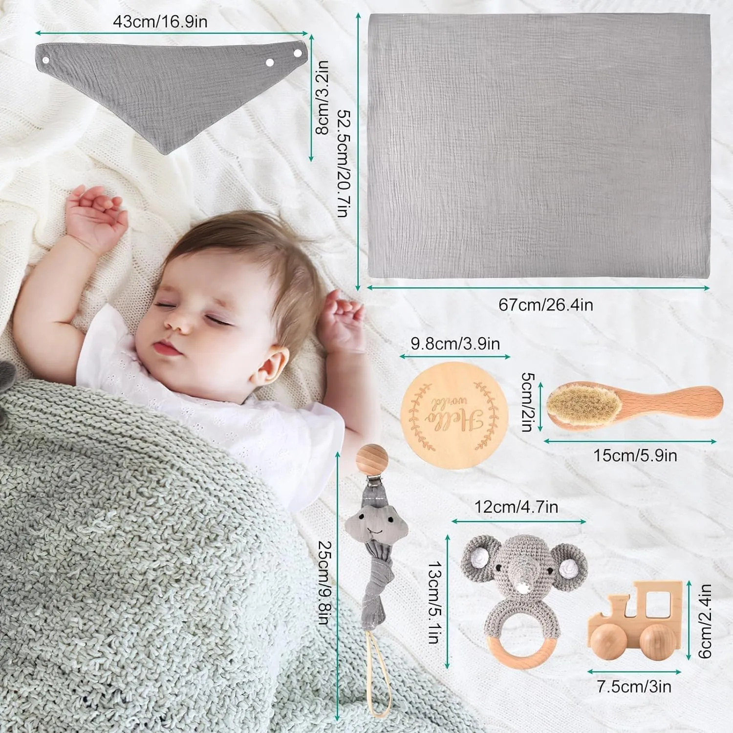 AKSHIRE 8PCS Newborn Baby Gifts Set, Baby Shower Gifts for Newborn Baby Girls and Baby Boys, Newborn Essentials Set with Ultra Soft Muslin Baby Blanket for Gender Reveals, Birthdays, Christmas