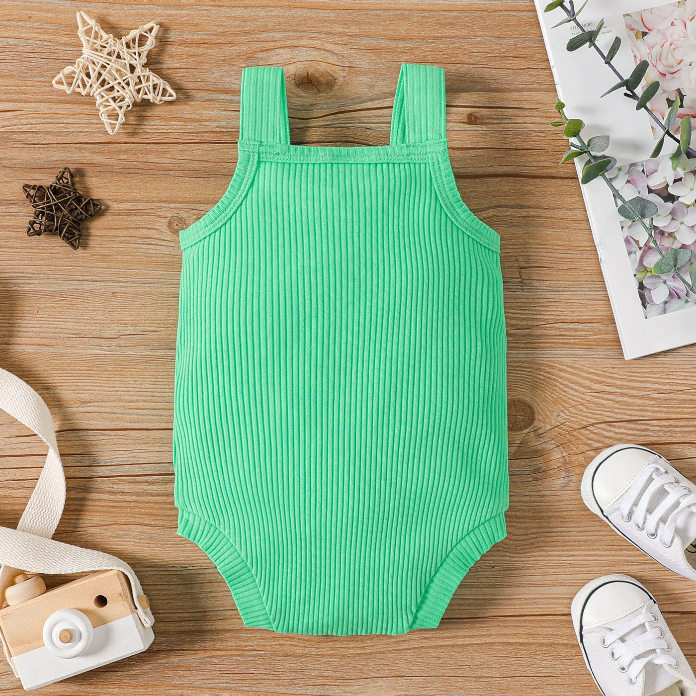 Baby Girl 100% Cotton Solid Color Ribbed Sleeveless Rompers