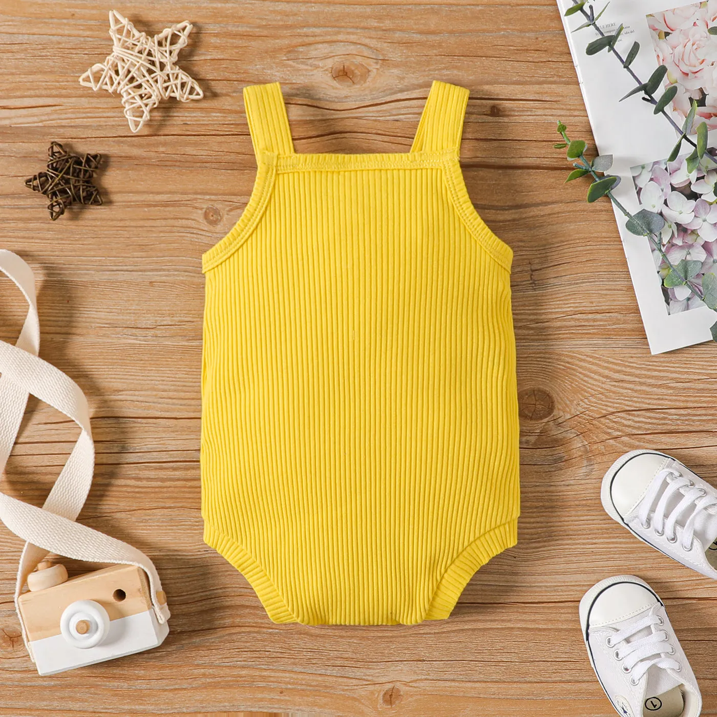 Baby Girl 100% Cotton Solid Color Ribbed Sleeveless Rompers