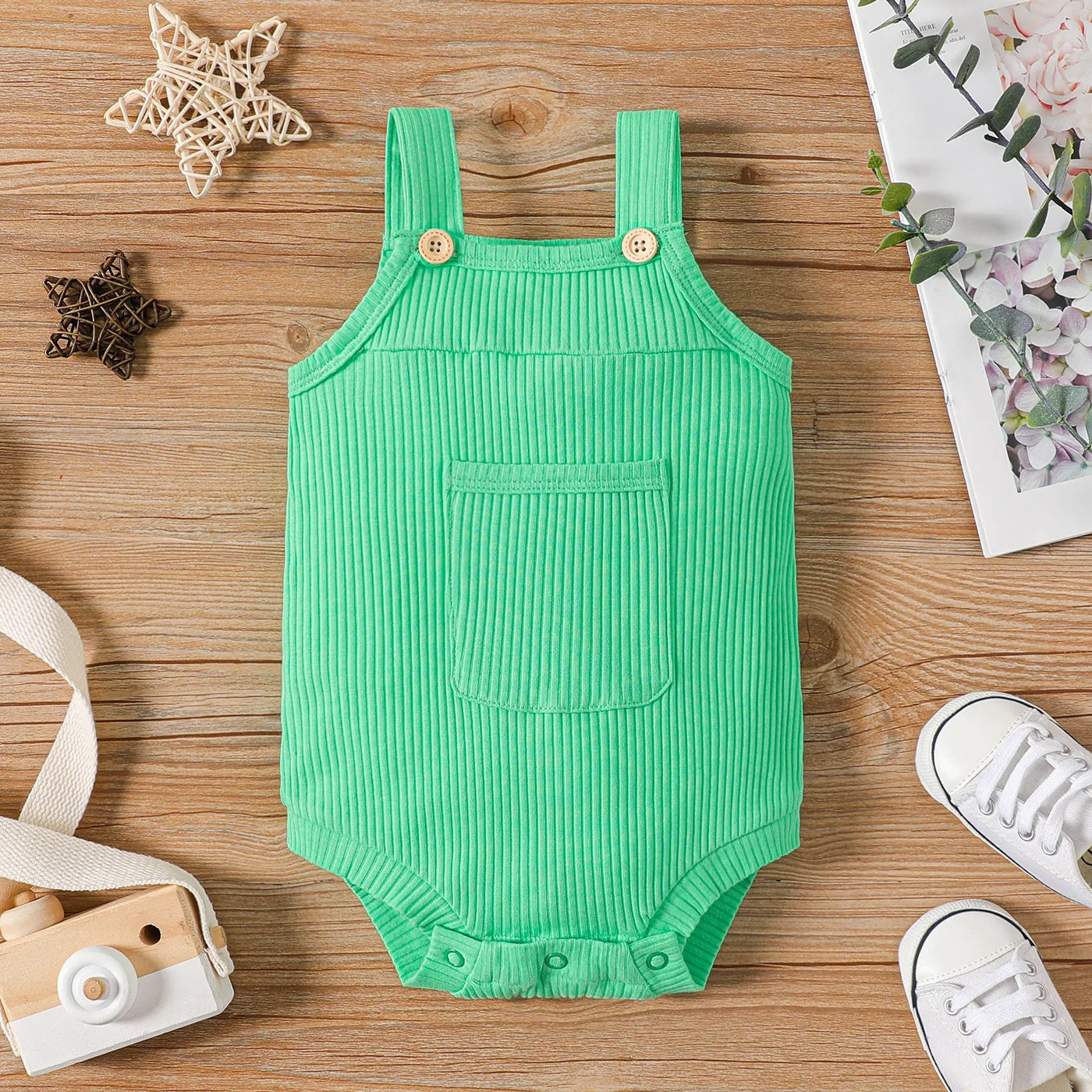 Baby Girl 100% Cotton Solid Color Ribbed Sleeveless Rompers