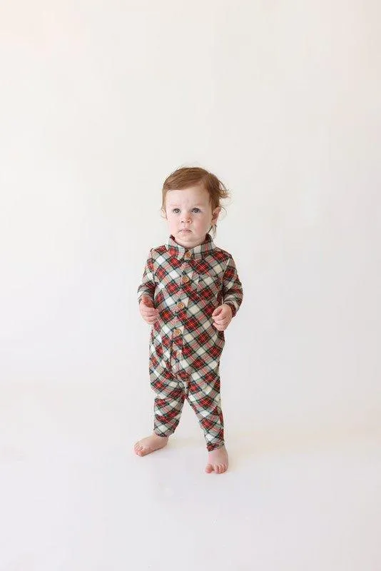 Bamboo Long Sleeve Collared Henley Long Romper - Marqui (Plaid)