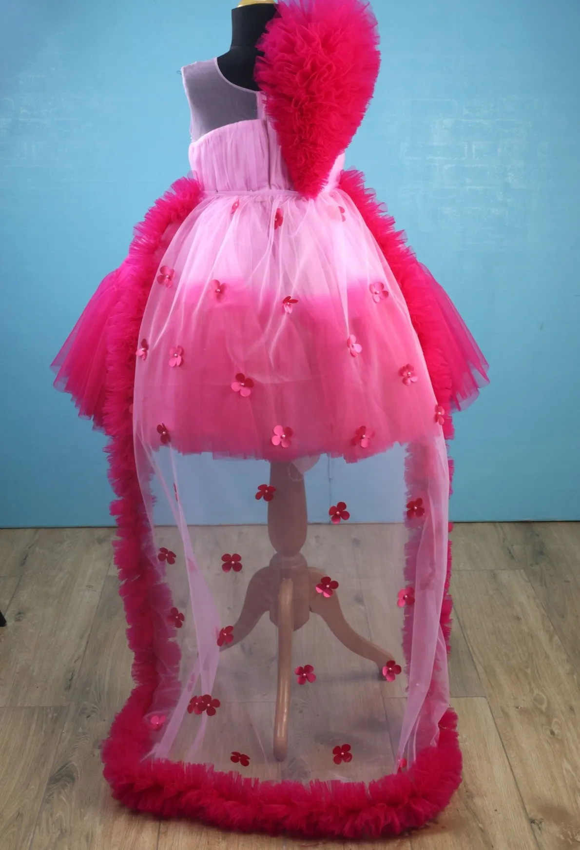 Barbie Theme  Ombre Frock With Frill Detailing On The Shoulder and Dark Pink Trail