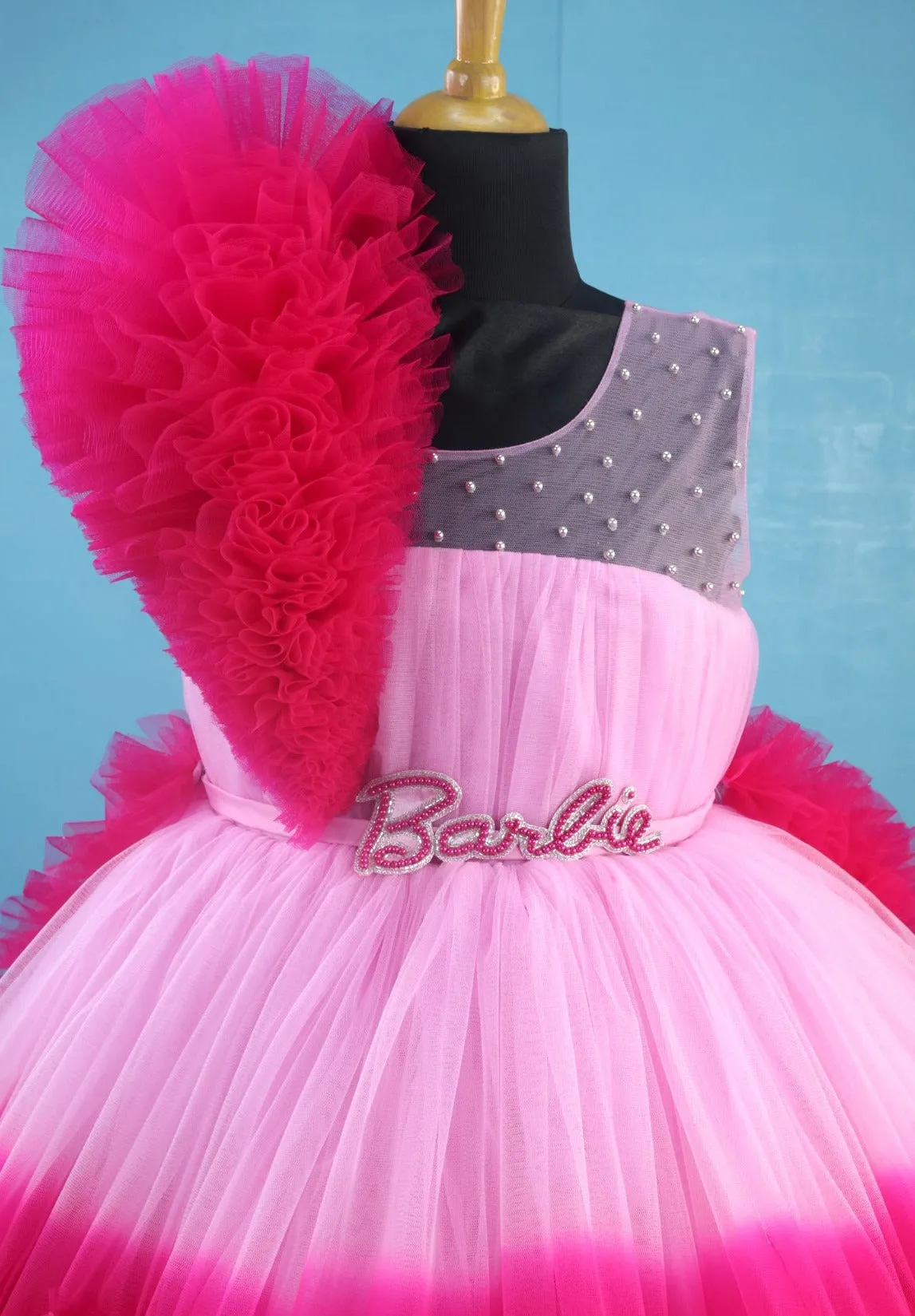 Barbie Theme  Ombre Frock With Frill Detailing On The Shoulder and Dark Pink Trail