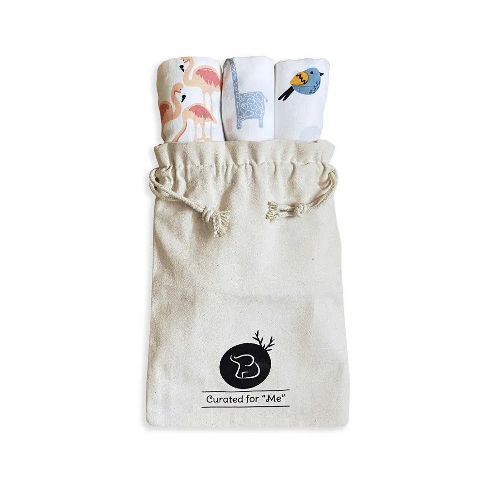 Bird, Giraffe & Flamingo Design Muslin Swaddle Wrap- Pack Of 3
