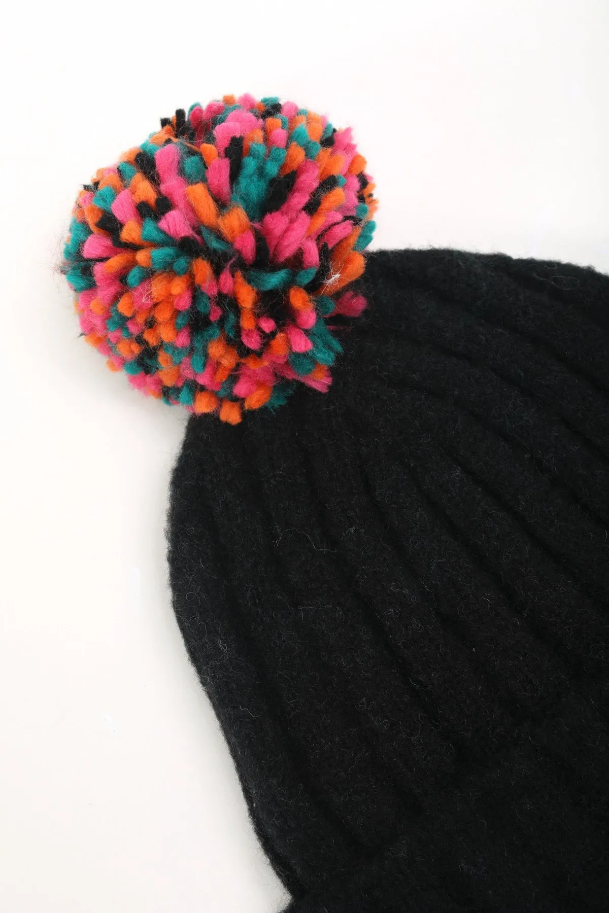 Black Ribbed Beanie with Multicolour Pom Pom