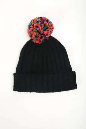 Black Ribbed Beanie with Multicolour Pom Pom