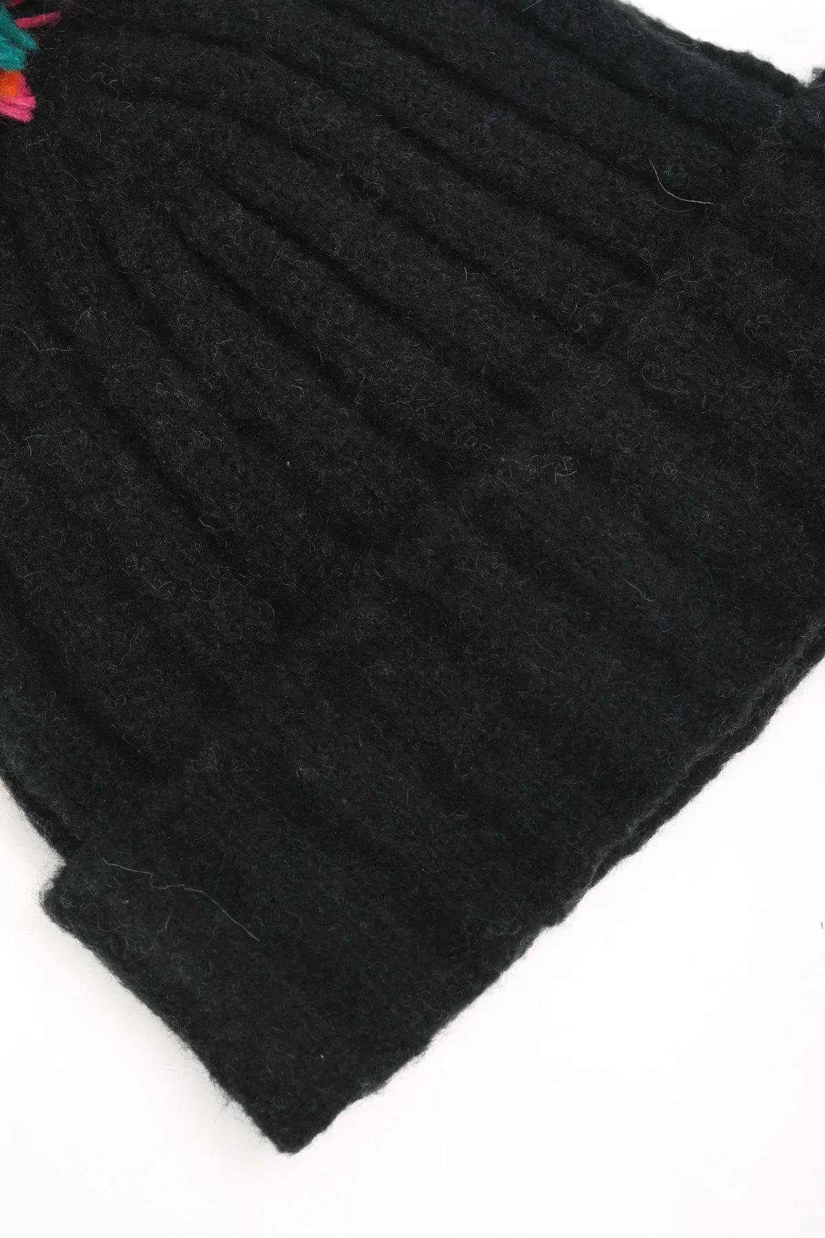 Black Ribbed Beanie with Multicolour Pom Pom