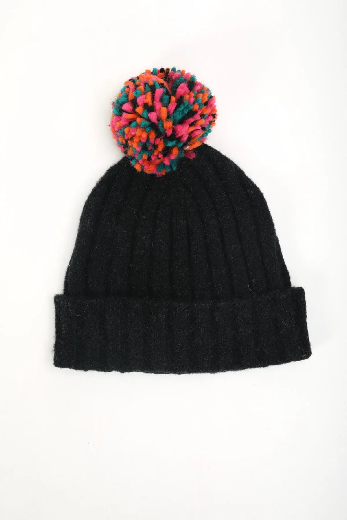 Black Ribbed Beanie with Multicolour Pom Pom