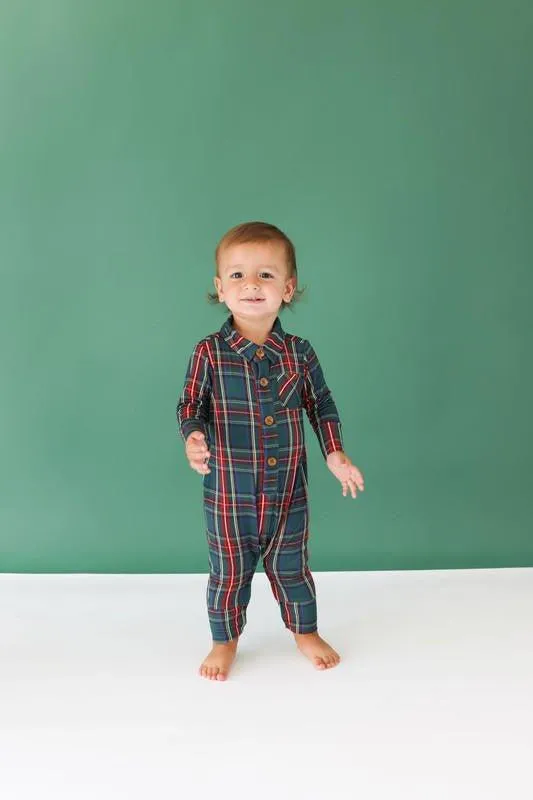 Boy's Bamboo Long Sleeve Collared Henley Long Romper - Tartan Plaid