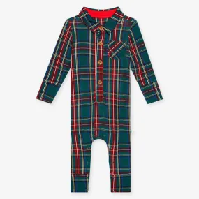 Boy's Bamboo Long Sleeve Collared Henley Long Romper - Tartan Plaid