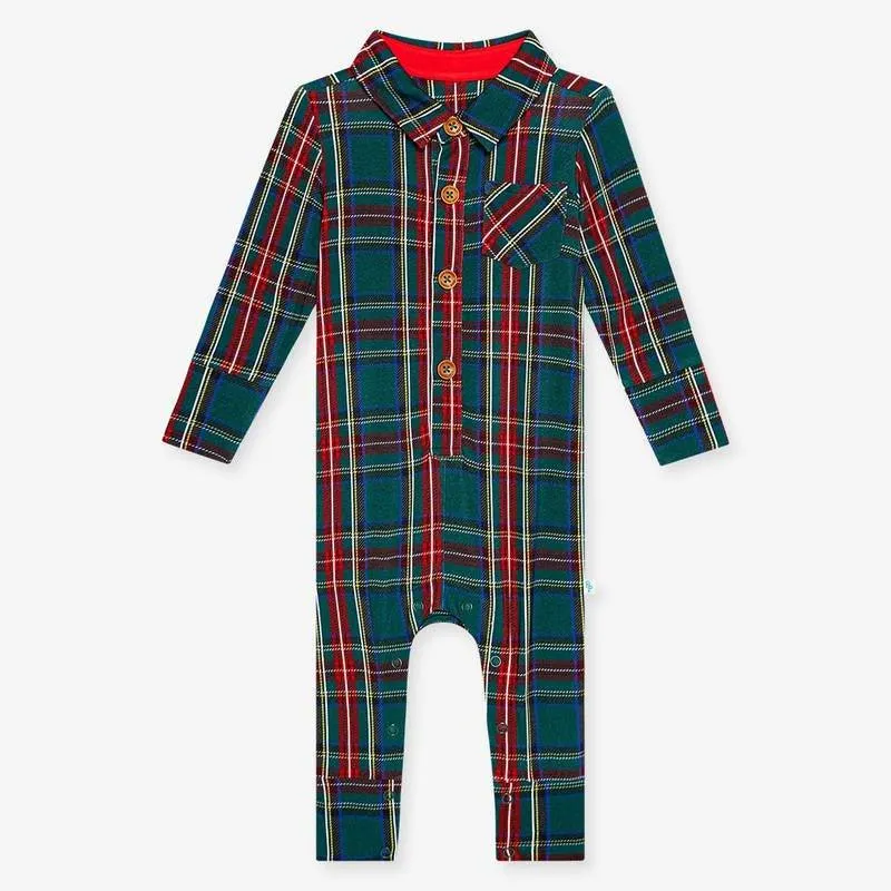 Boy's Bamboo Long Sleeve Collared Henley Long Romper - Tartan Plaid