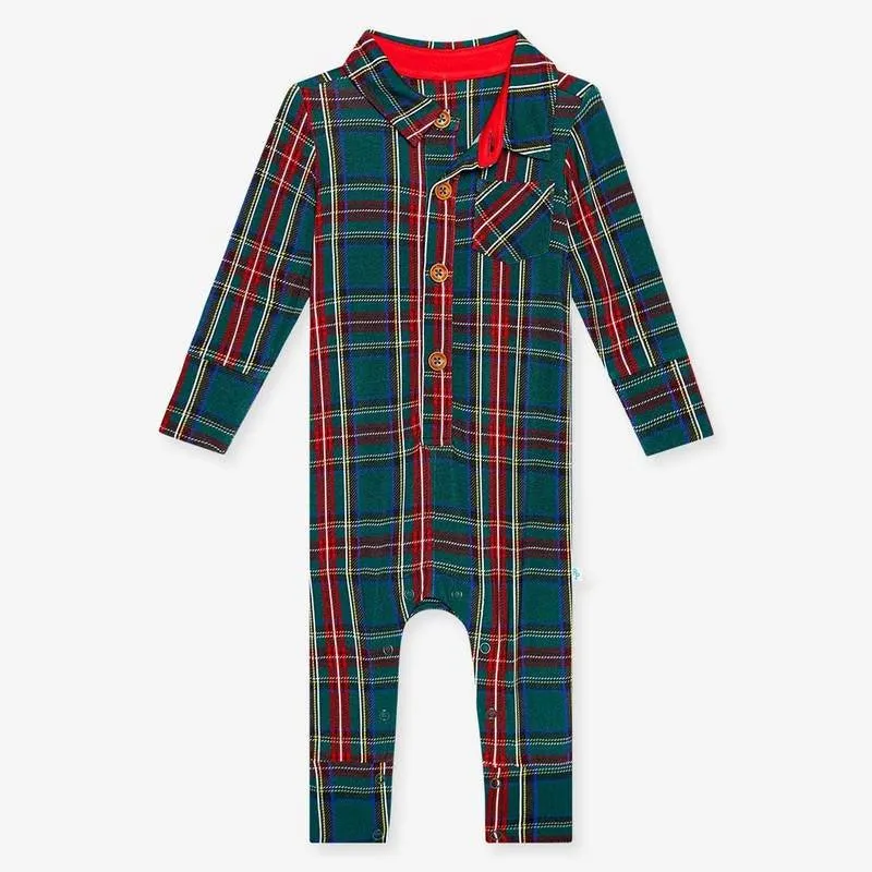 Boy's Bamboo Long Sleeve Collared Henley Long Romper - Tartan Plaid