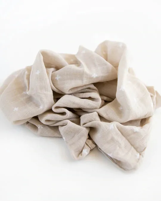COTTON MUSLIN SWADDLE BLANKET - TAUPE CROSS