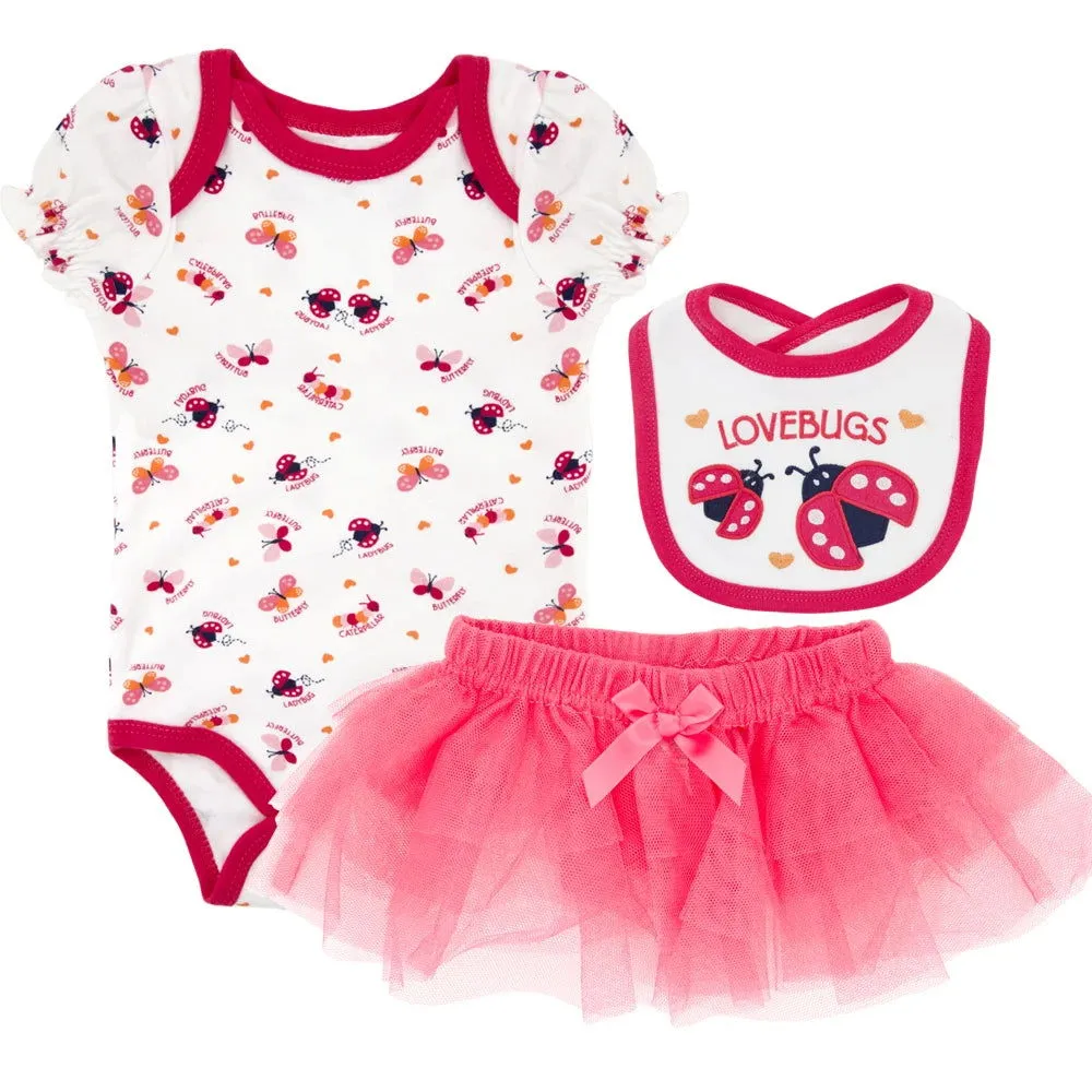 Cute 3Pcs 100% Cotton Bibs, Dress and Bodysuit Rompers