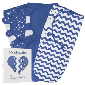 Easy Swaddle Blankets by Comfy Cubs - Dark Blue, Pack of 3