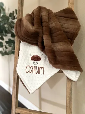 Embroidered Highland Cow Minky Baby Blanket - Vienna Pecan - Personalized