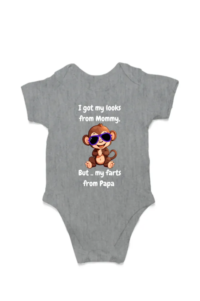 Funny Baby Boy Rompers - Mommy’s Looks, Daddy’s Farts – A Perfect Combo! (Cute Monkey - White Font)