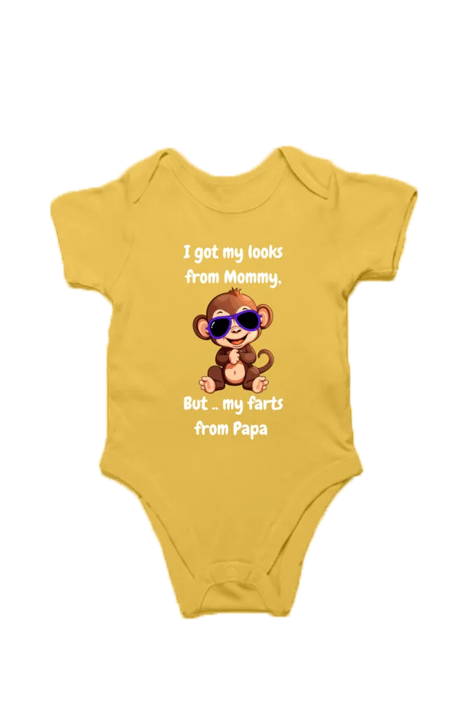 Funny Baby Boy Rompers - Mommy’s Looks, Daddy’s Farts – A Perfect Combo! (Cute Monkey - White Font)