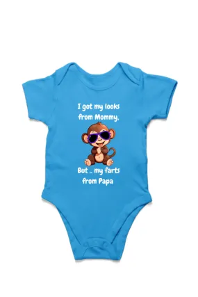 Funny Baby Boy Rompers - Mommy’s Looks, Daddy’s Farts – A Perfect Combo! (Cute Monkey - White Font)