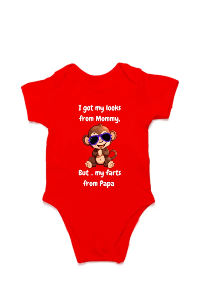 Funny Baby Boy Rompers - Mommy’s Looks, Daddy’s Farts – A Perfect Combo! (Cute Monkey - White Font)