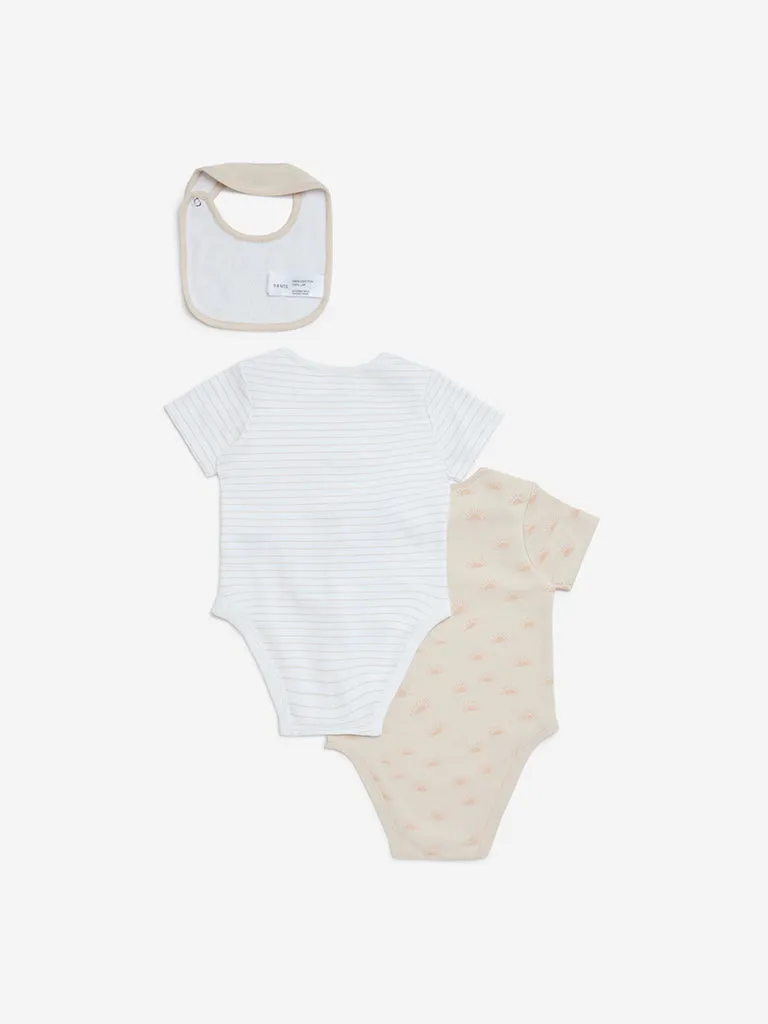HOP Baby Beige Printed Cotton Rompers with Bib - Set of 2