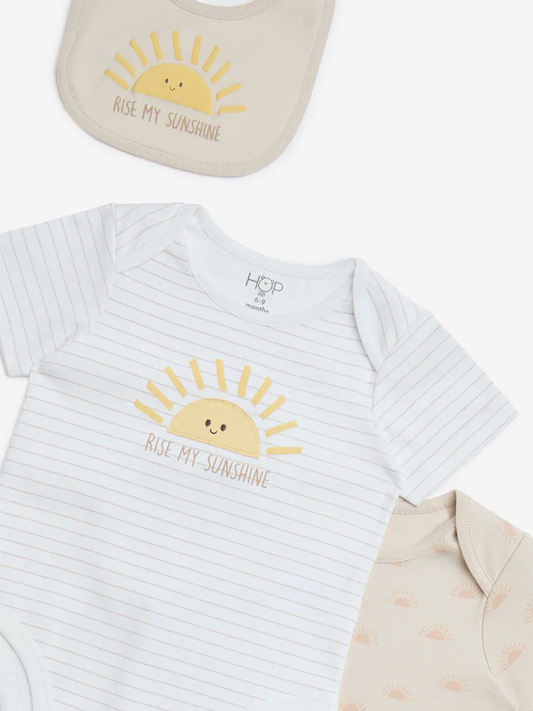 HOP Baby Beige Printed Cotton Rompers with Bib - Set of 2