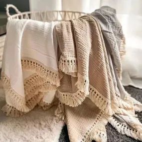 Infant Quilt Size Cotton Muslin Swaddle Blankets - Tassel Newborn Wrap