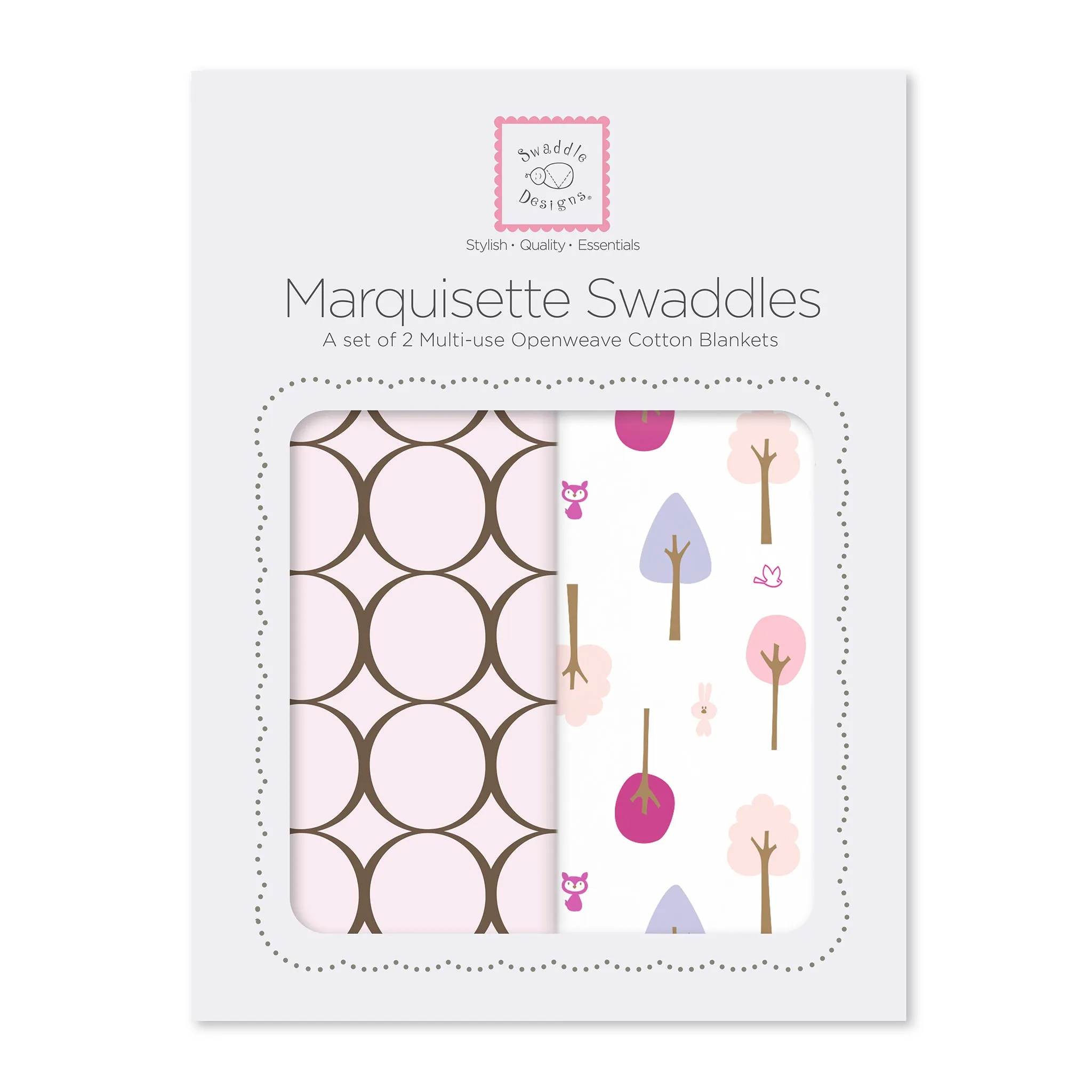 Marquisette Swaddles - Brown Mod on Pastel Pink   Cute & Calm, 2pk