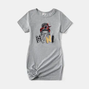 Mommy and Me Characters Letter Print Army Green Short-sleeve Twist Knot T-shirt Dress for Mom and Me