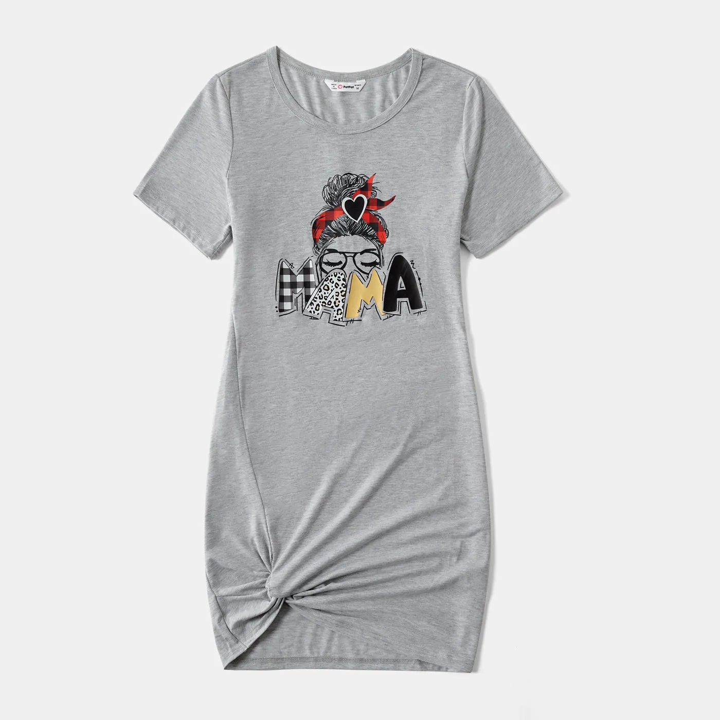 Mommy and Me Characters Letter Print Army Green Short-sleeve Twist Knot T-shirt Dress for Mom and Me
