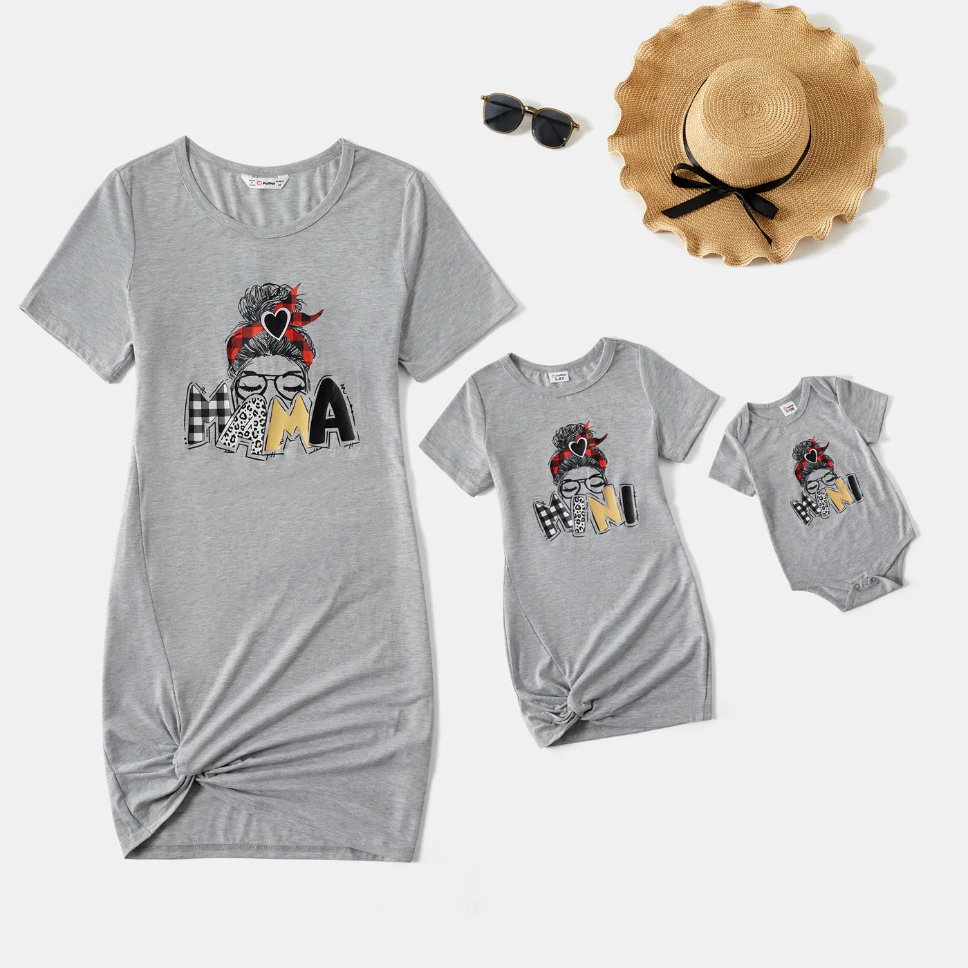 Mommy and Me Characters Letter Print Army Green Short-sleeve Twist Knot T-shirt Dress for Mom and Me