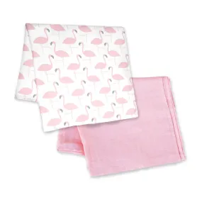 Moon Bamboo Muslin Wrap/ Swaddle (Flamingo Print & Pink)