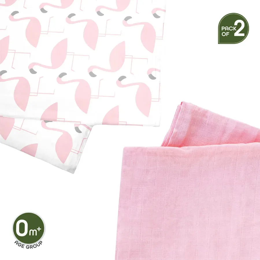 Moon Bamboo Muslin Wrap/ Swaddle (Flamingo Print & Pink)