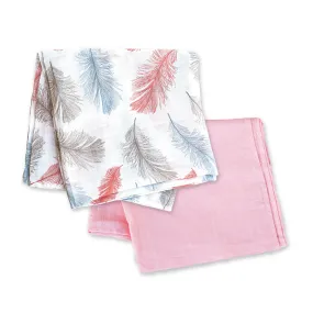 Moon - Organic Muslin Wrap/ Swaddle (Feather Print & Pink)