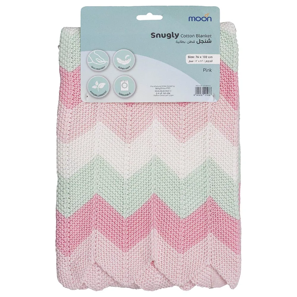 Moon - Snugly 100% Cotton Knitted Baby Blanket (Pink)