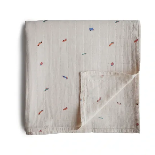 Mushie Organic Cotton Muslin Swaddle Blanket- Retro Cars