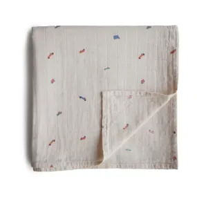 Mushie Organic Cotton Muslin Swaddle Blanket- Retro Cars