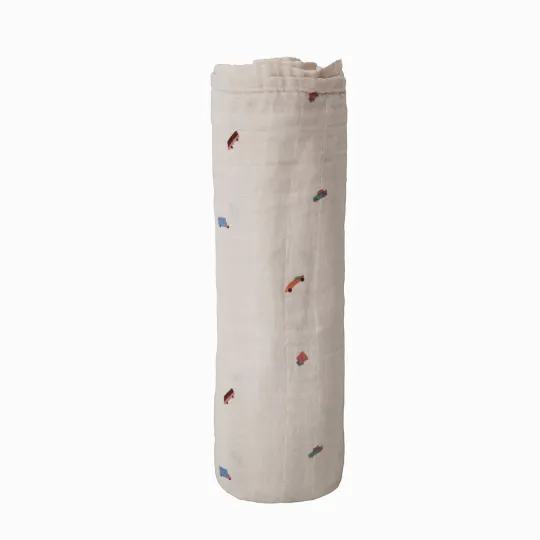 Mushie Organic Cotton Muslin Swaddle Blanket- Retro Cars