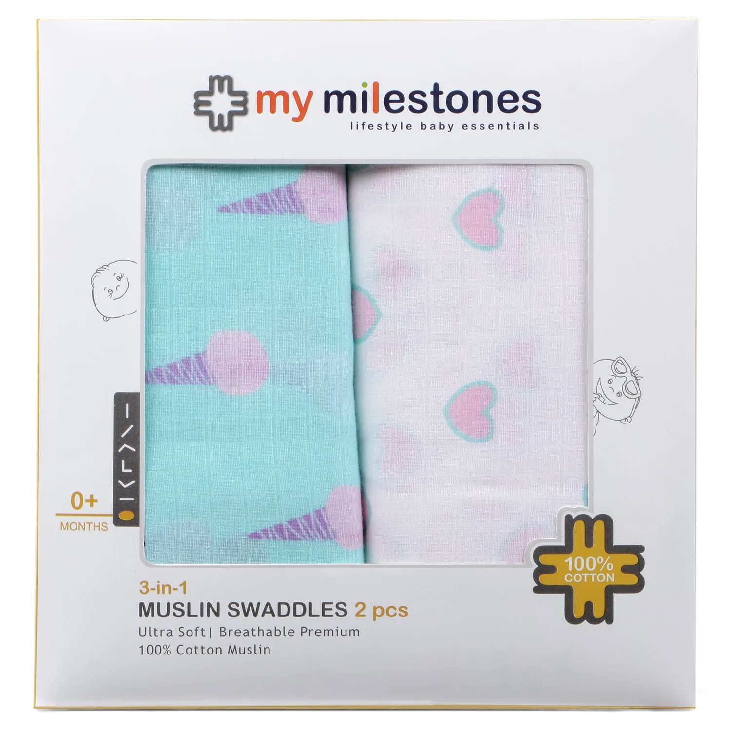 Muslin Swaddle - 2Pc Set - Ice-Cream/Heart Print
