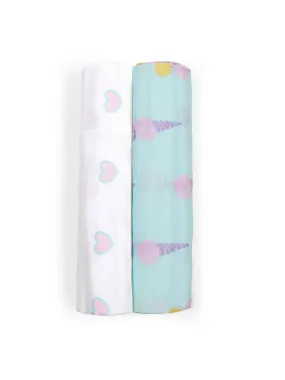 Muslin Swaddle - 2Pc Set - Ice-Cream/Heart Print