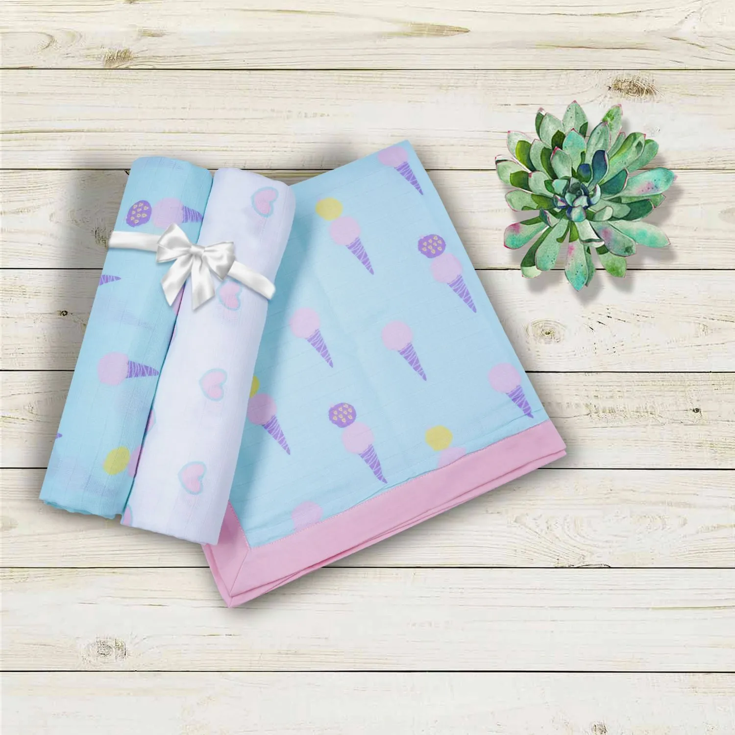 Muslin Swaddle - 2Pc Set - Ice-Cream/Heart Print