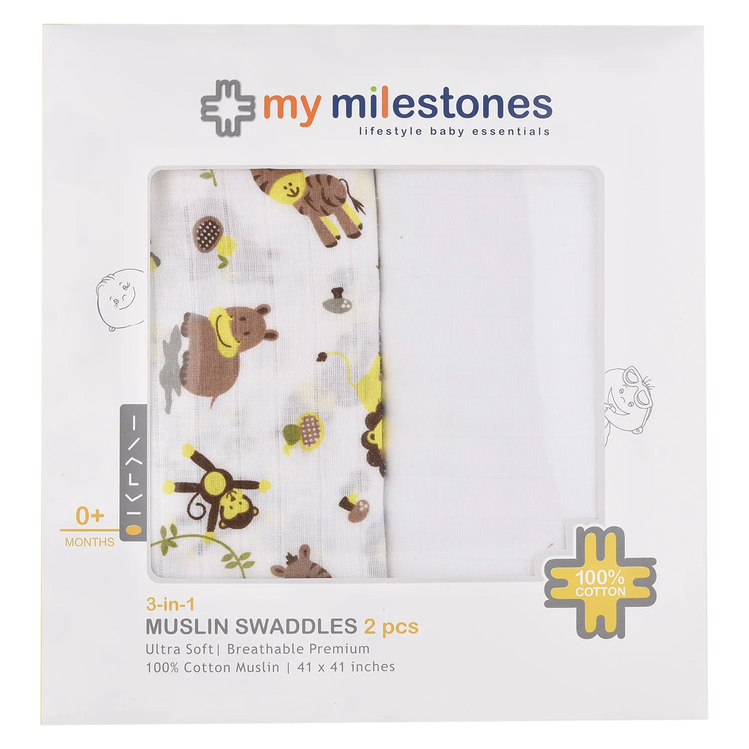 Muslin Swaddle - 2Pc Set - Zoo Lemon Yellow