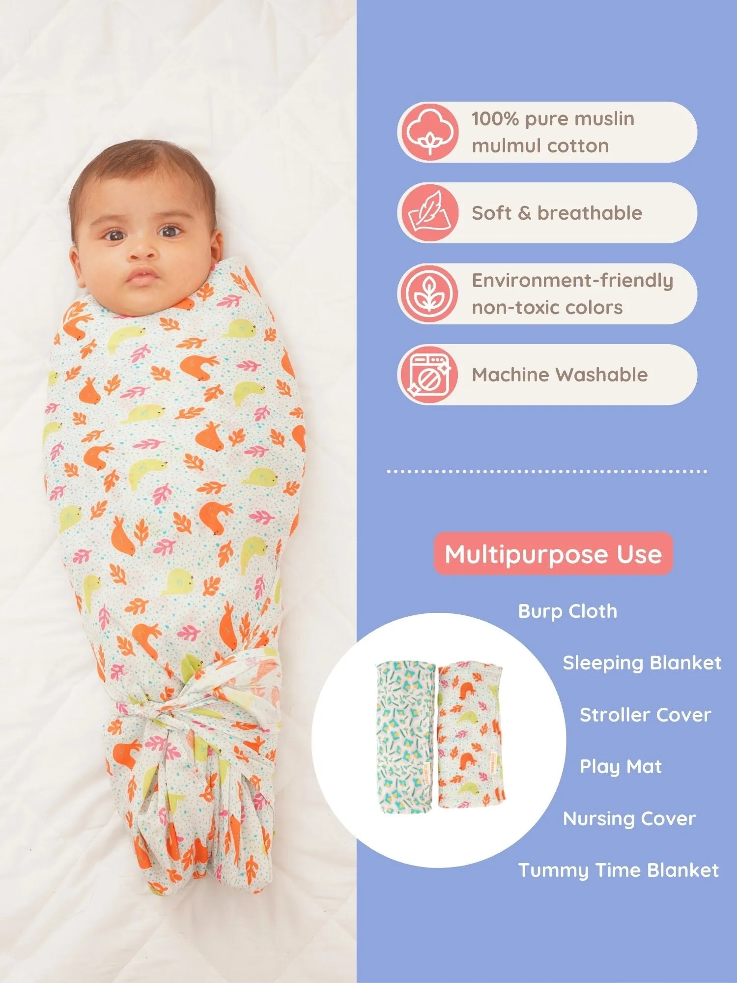 Nature's Harmony Cotton Muslin Swaddle Wrap for New Born (Pack of 2)